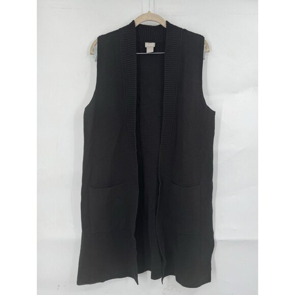 Chicos Pocket Sweater Vest Women Medium Black Open Front Contemporary Minimalist - Picture 1 of 7